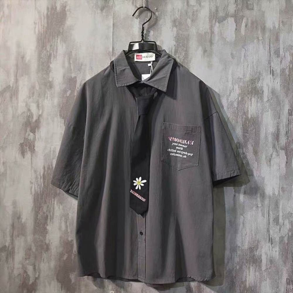 Men's Shirt Summer Daisy Pattern Loose Short-sleeve Uniform Shirts with Tie Gray _XL - Image 3