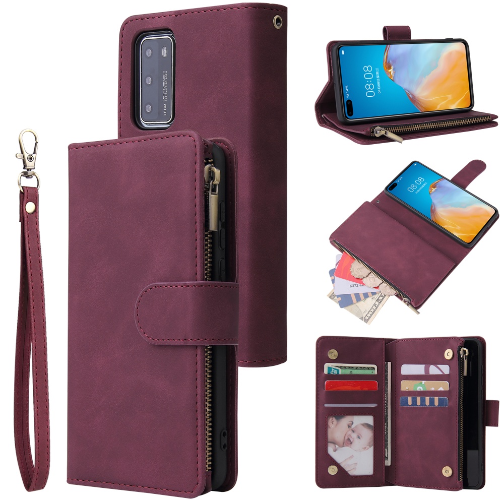 For HUAWEI P40 Case Smartphone Shell Wallet Design Zipper Closure Overall Protection Cellphone Cover 5 wine red - Image 3