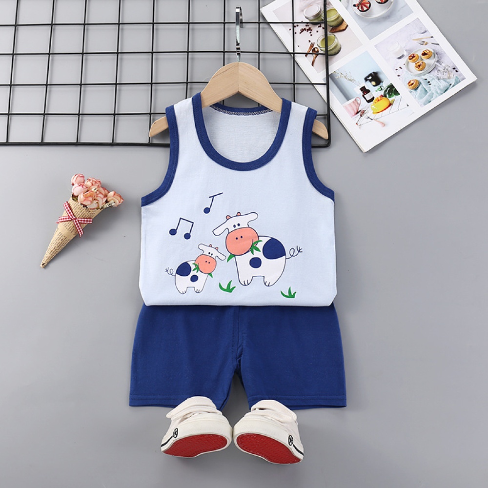 Summer Thin Pajamas For Children Cotton Cute Cartoon Printing Sleeveless Tank Tops Shorts Suit Boys cow 4-5 years 2XL - Image 2