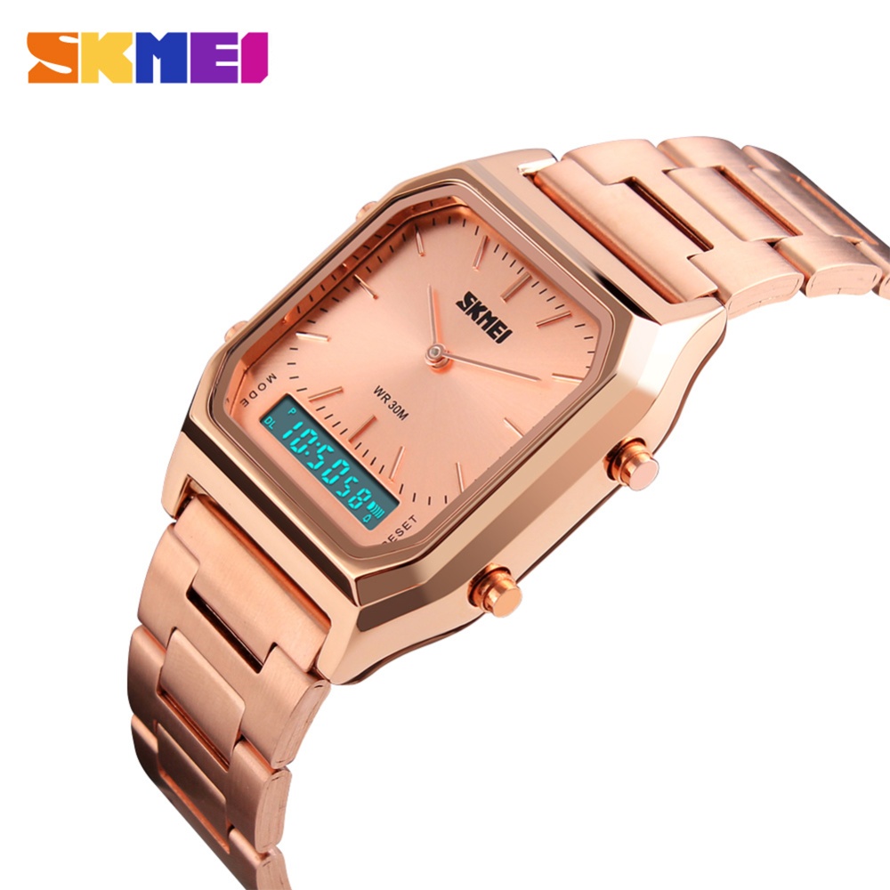 SKMEI Business Men Electronic Watch Waterproof Steel Band Dual Display Multi-function Retro Fashion Wristwatch rose gold shell - Image 3