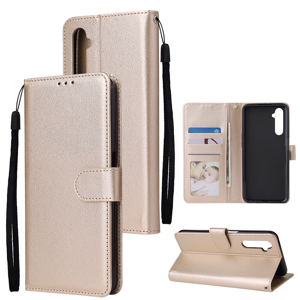 For OPPO Realme C3/Realme 6 PU Leather Mobile Phone Cover with 3 Cards Slots Frame Gold - Image 3