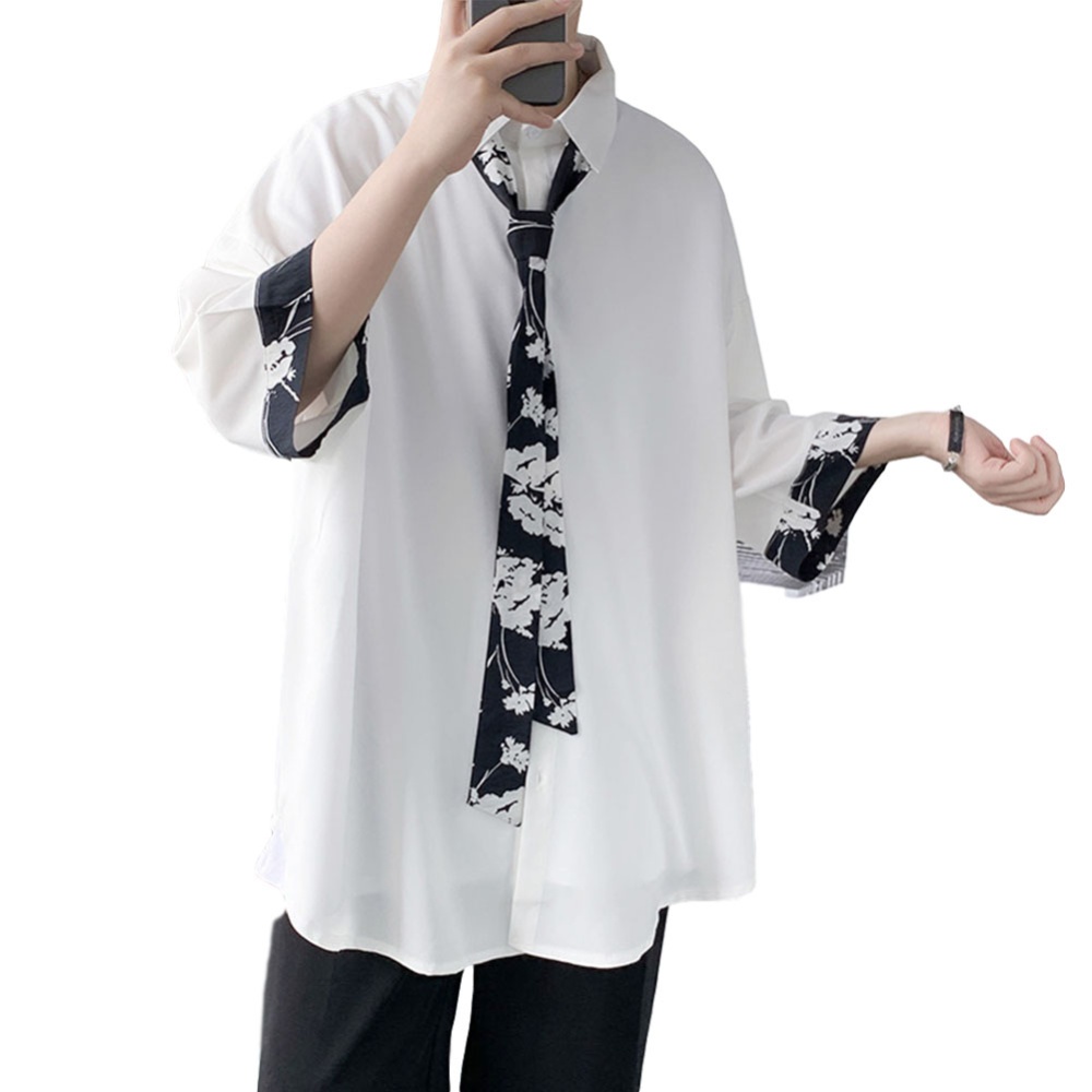 Men's Shirt Long-sleeve Lapel Loose Casual Floral with Tie Black _L - Image 2