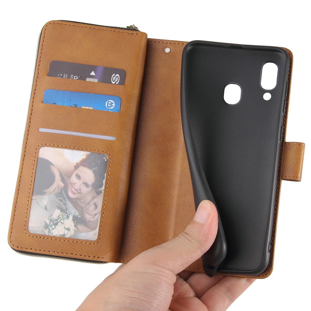 For Samsung A10/A20/A30/A50/A30S/A50S Pu Leather Mobile Phone Cover Zipper Card Bag + Wrist Strap brown - Image 3