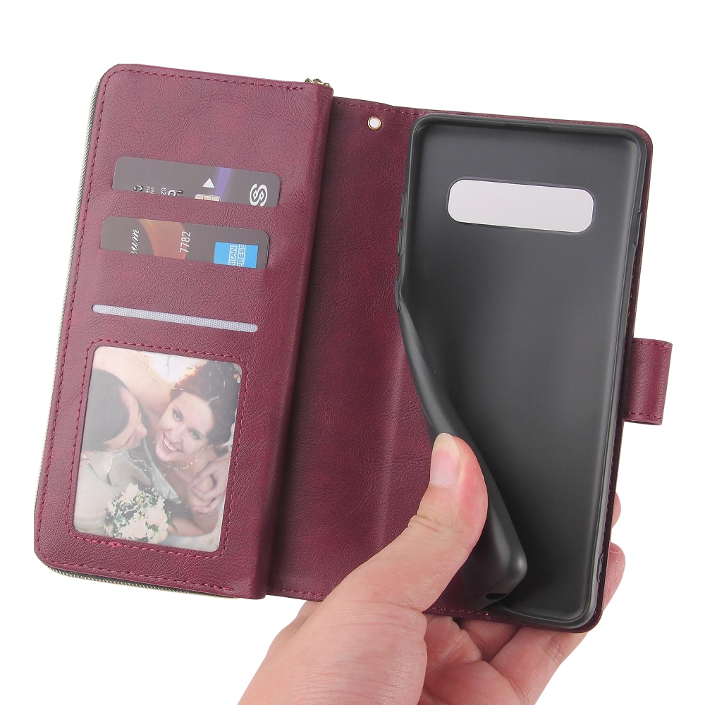 For Samsung S10/S20/S10E/ S10 Plus Pu Leather Mobile Phone Cover Zipper Card Bag + Wrist Strap Red wine - Image 3