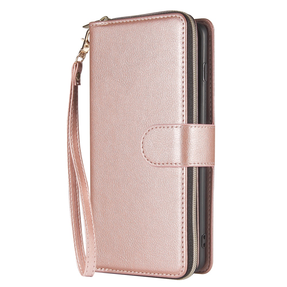 For Samsung S10/S20/S10E/ S10 Plus Pu Leather Mobile Phone Cover Zipper Card Bag + Wrist Strap Rose gold - Image 3