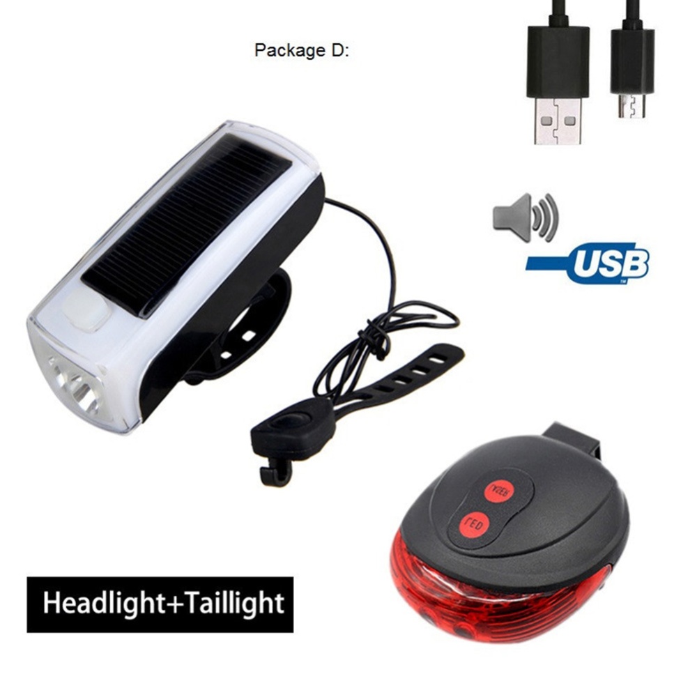 4LED Bike Cycling Front Light Solar Power USB Charging Lamp Rechargeable Horns Cycle Headlight Speaker Bicycle headlight speaker + laser tai - Image 2