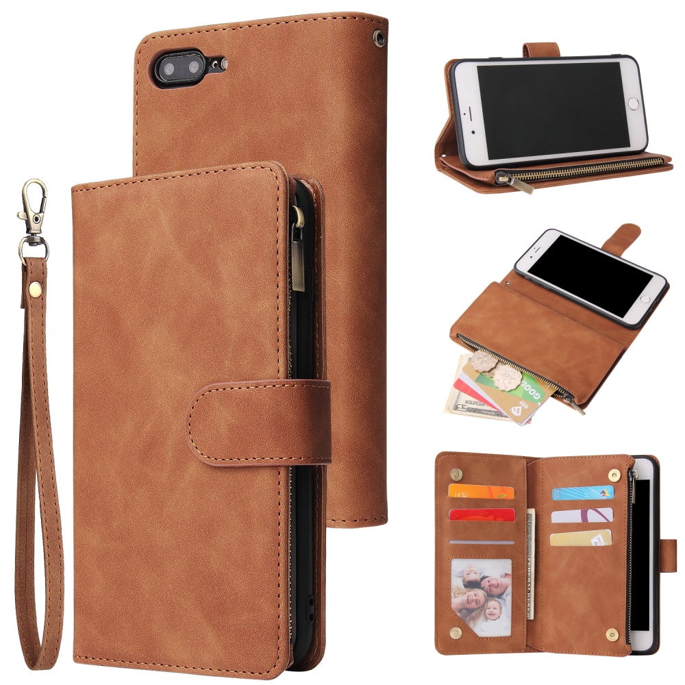 For iPhone 6 / 6S plus 7 8 Smart Phone Cover Coin Pocket with Cards Bracket Zipper PU Leather Case - Image 3