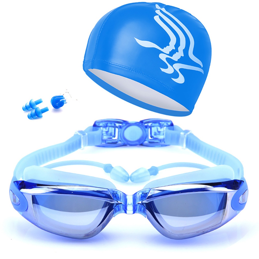 Swimming Accessories, HD Waterproof Anti Fog Goggles Swim Cap Set - UV Protection Shatter Lenses blue - Image 3