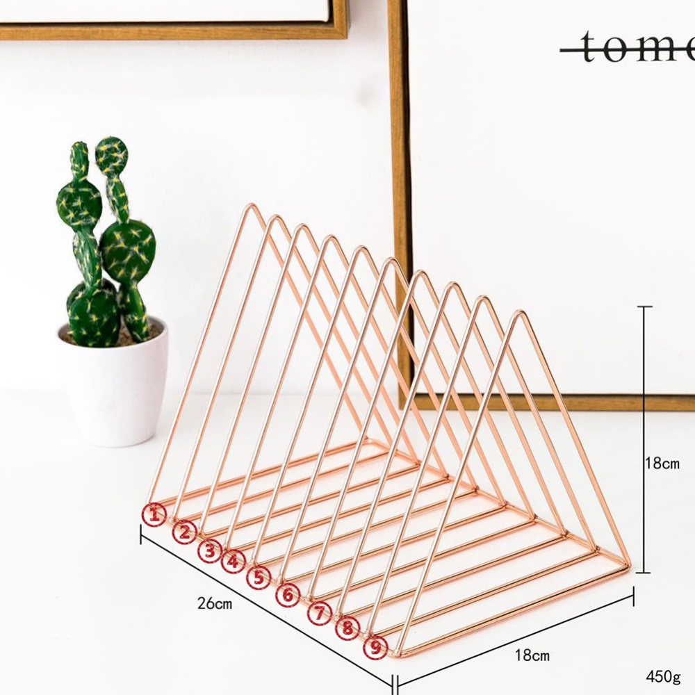 Desktop Iron Bookshelf Simple Magazine Storage Rack Metal Wire Book Stand Triangle-rose gold - Image 2