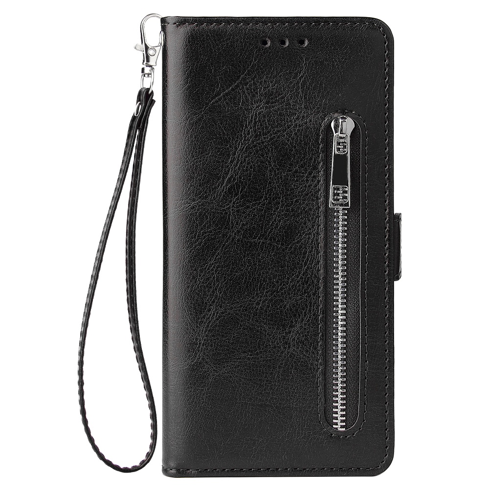 For Samsung A7 2018-A750 Solid Color PU Leather Zipper Wallet Double Buckle Protective Case with Stand & Lanyard black - Image 3