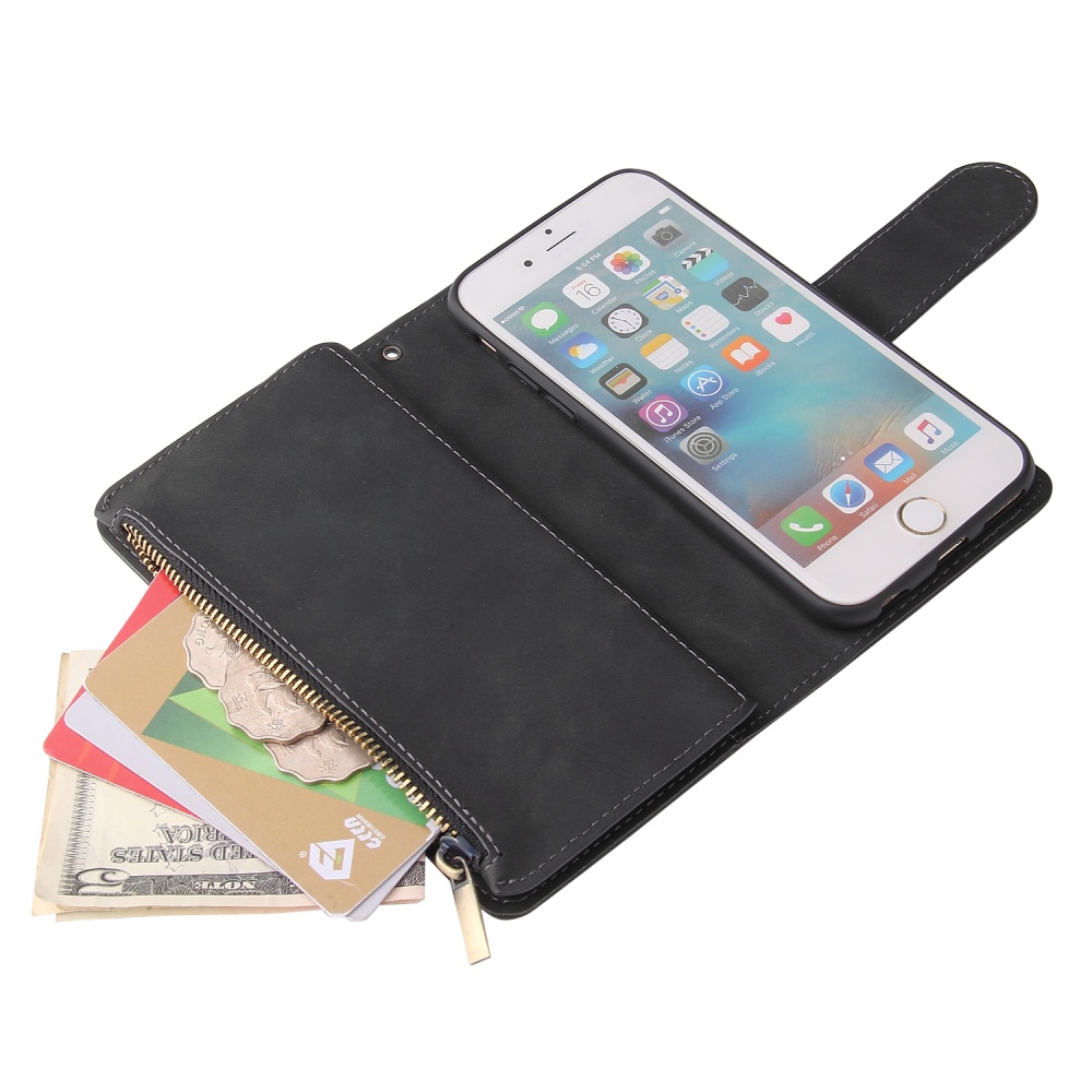 For iPhone 6 / 6S plus 7 8 Smart Phone Cover Coin Pocket with Cards Bracket Zipper PU Leather Case - Image 3