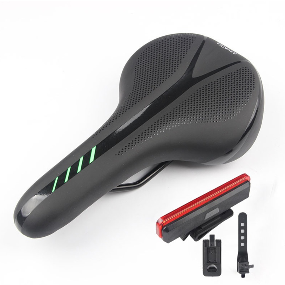 Mountain Bike Cushion with Light Saddle Thicken Silicone Rear Lights Seat Black green +2213 tail light_270*144mm - Image 3