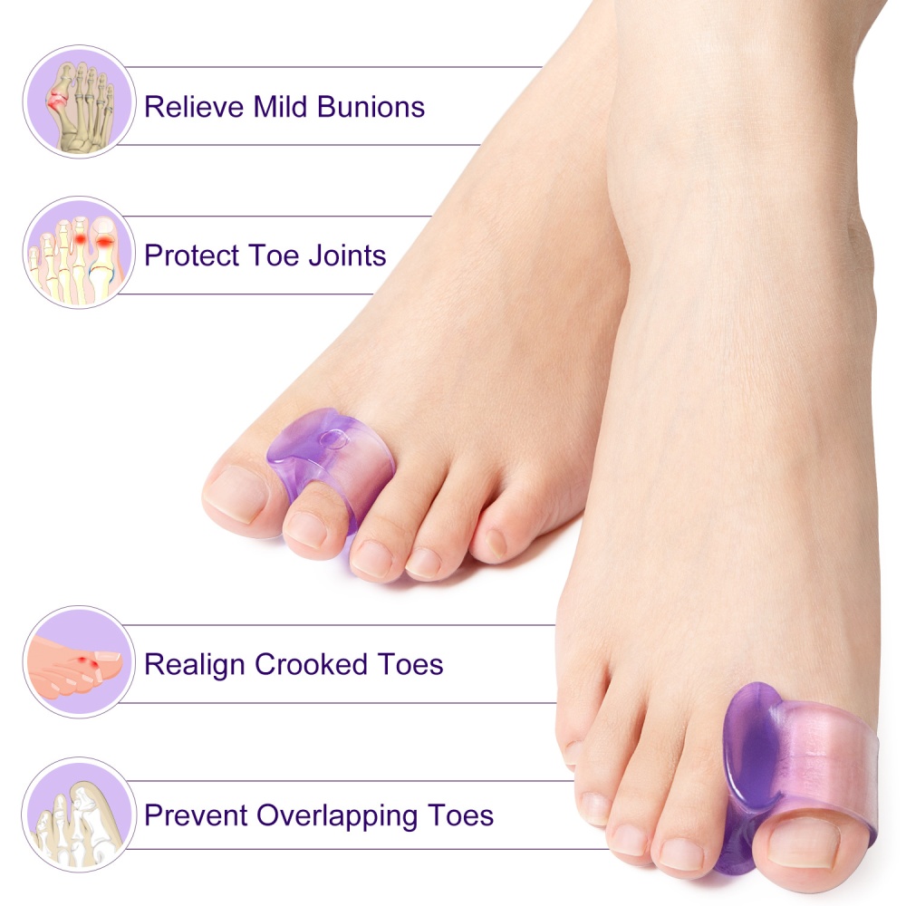 4 Pair One-hole Toe Separators Silicone Bunion Correction Pad Foot Care Tool Purple_1 pair of large size + 3 pairs medium - Image 2