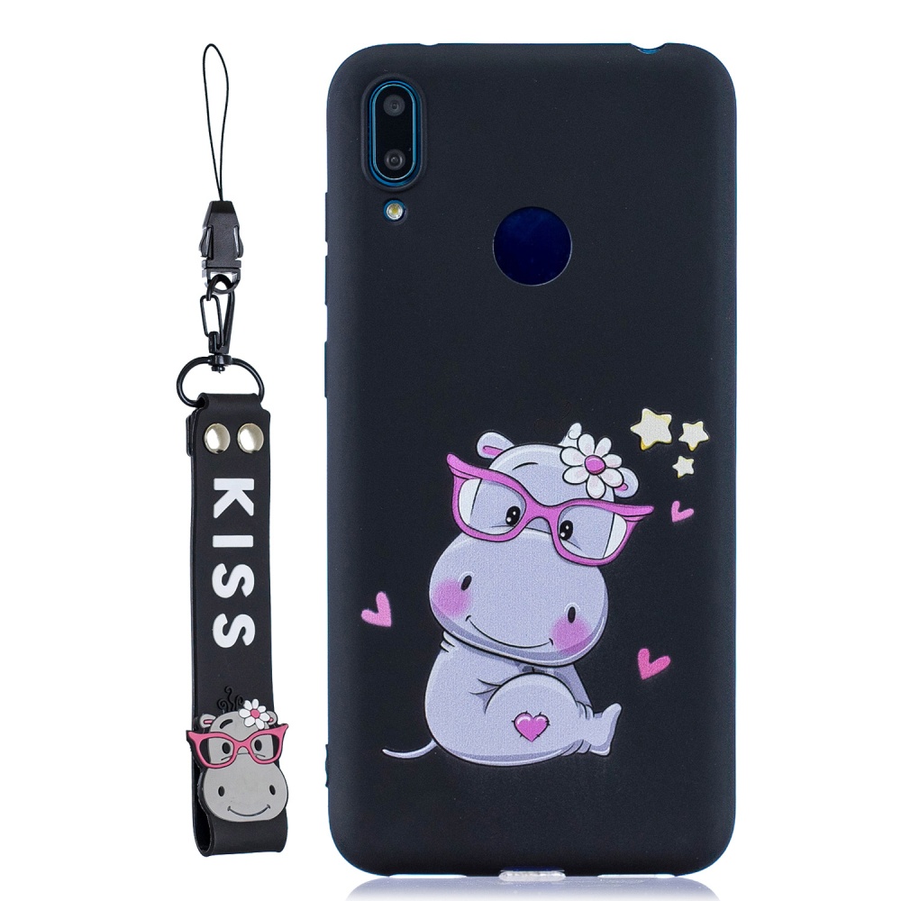 For HUAWEI Y7 2019 Cute Coloured Painted TPU Anti-scratch Non-slip Protective Cover Back Case with Lanyard black - Image 3