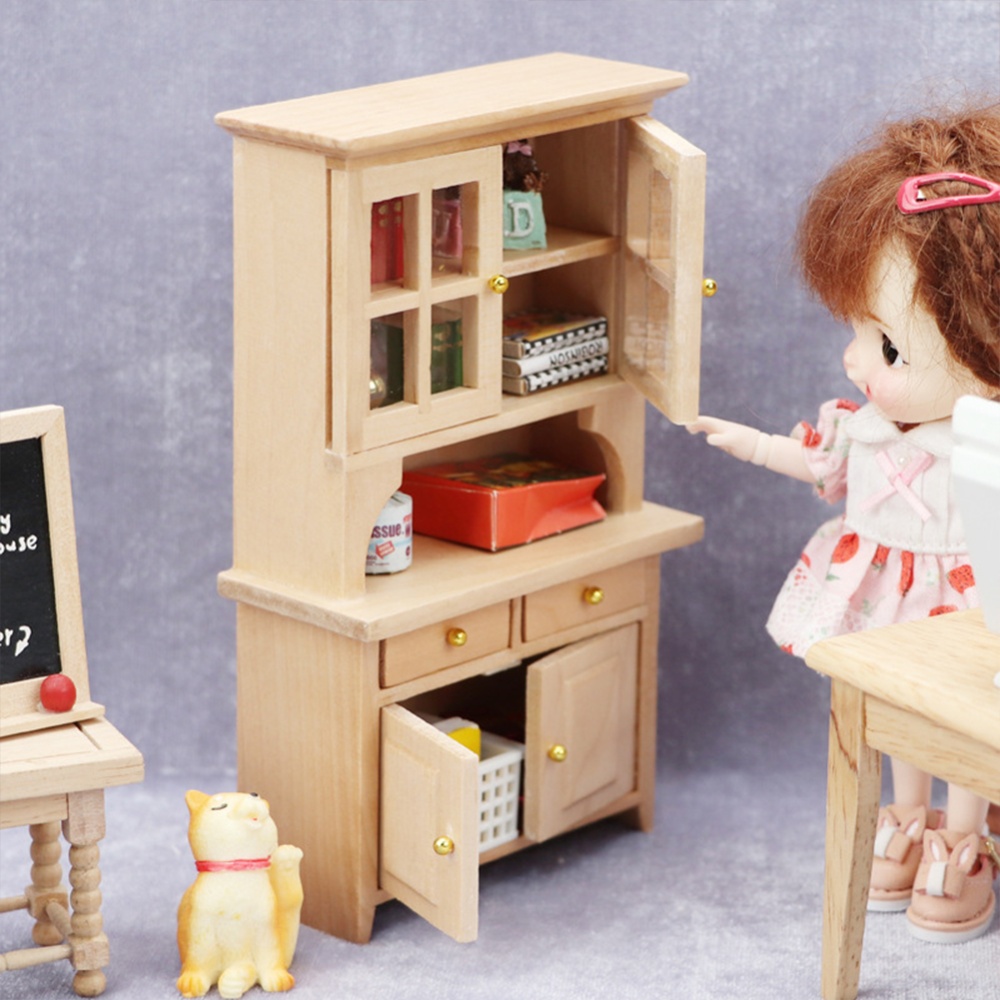 Wooden 1:12 Mini Doll House Vertical Cabinet Study Room Micro Scene Bookcase Bedroom Furniture Wood color - Image 3