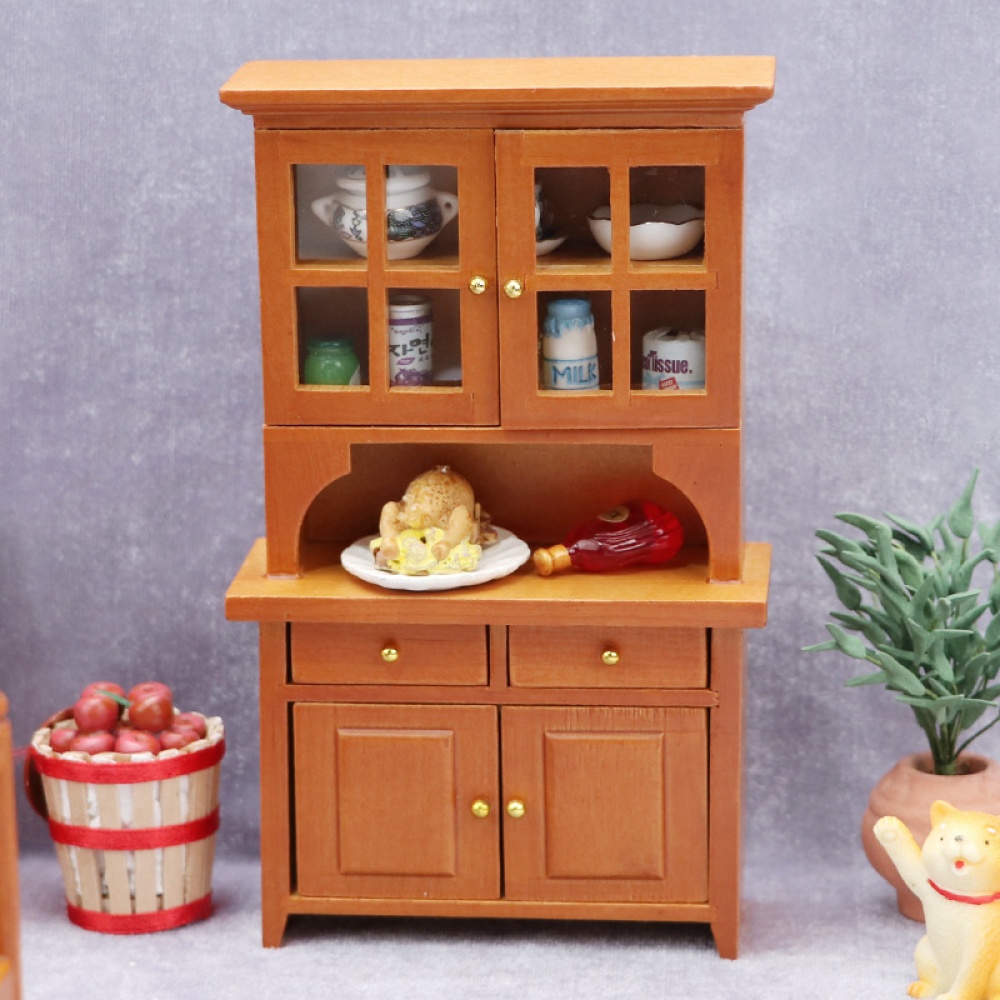 Wooden 1:12 Dollhouse Vertical Cabinet Wardrobe Mini Household Furniture Toy Brown - Image 3