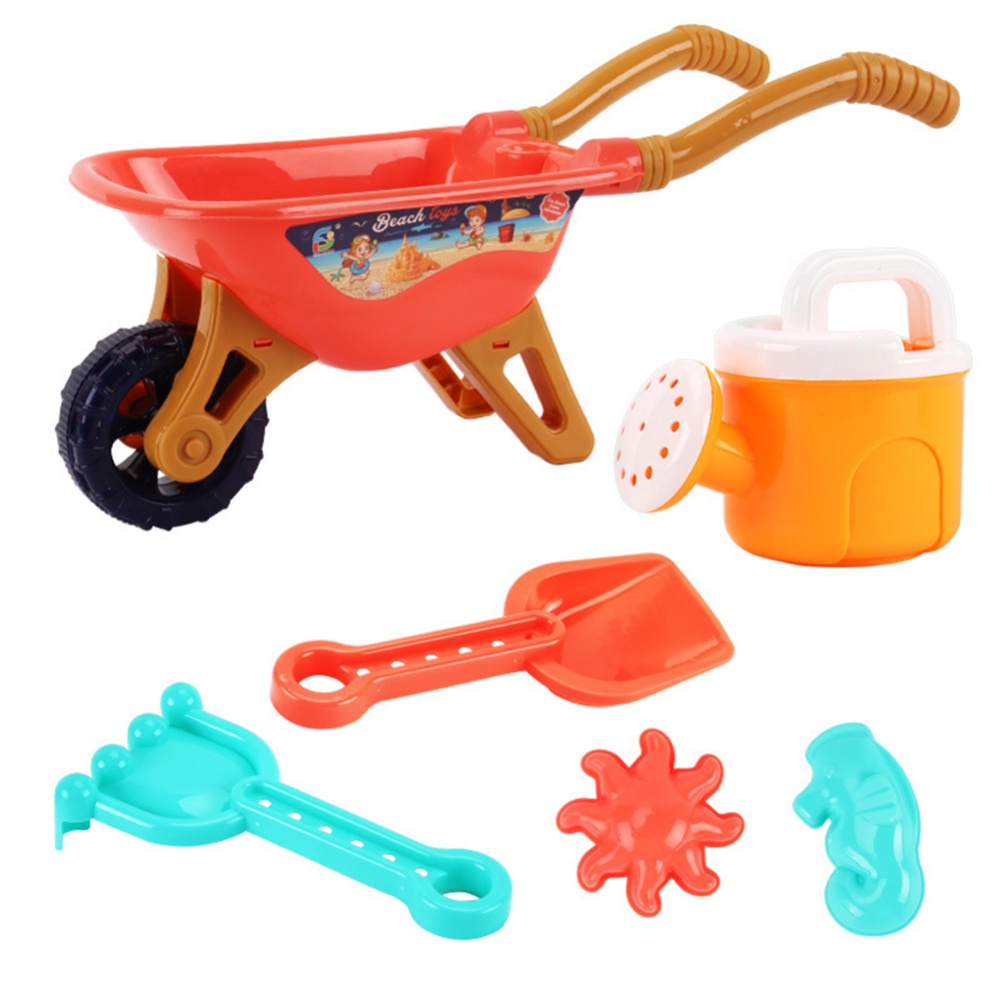 6pcs Boys Digging Sand Playing With Water Children Beach Toy Trolley 733A-338 beach cart orange - Image 3