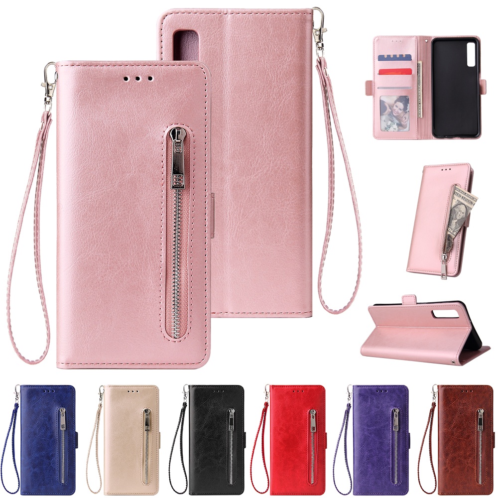 For Samsung A7 2018-A750 Solid Color PU Leather Zipper Wallet Double Buckle Protective Case with Stand & Lanyard purple - Image 3