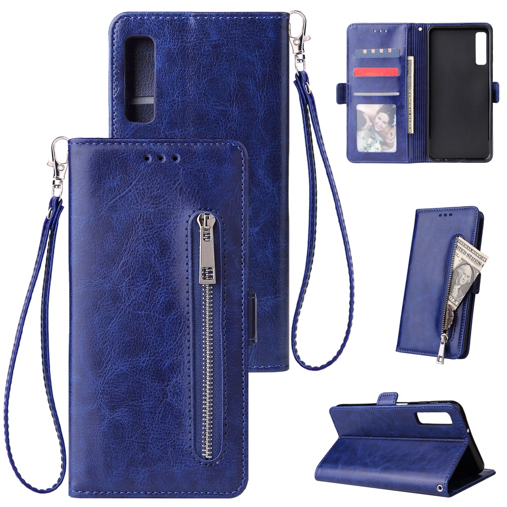 For Samsung A7 2018-A750 Solid Color PU Leather Zipper Wallet Double Buckle Protective Case with Stand & Lanyard blue - Image 3