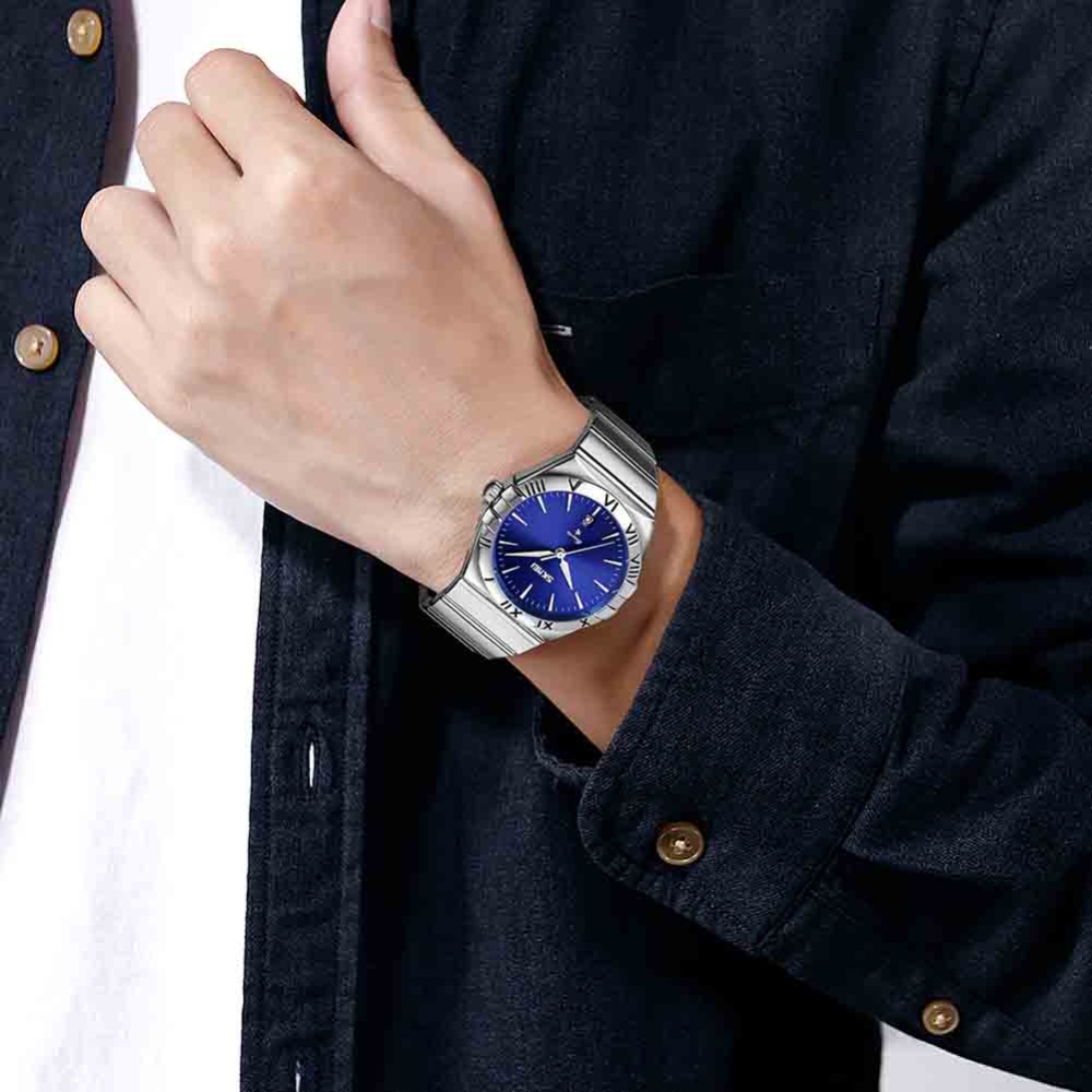 SKMEI Men Watch Waterproof Business Calendar Wrist Classic Luxury Stainless Steel Band For Silver Case Blue Dial - Image 3