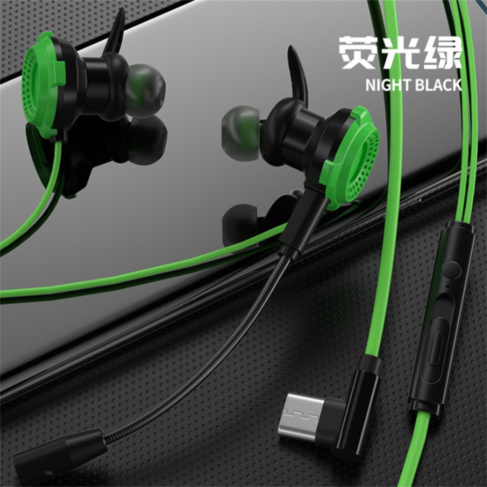 In-ear Gaming Headphones Dual Microphone Stereo Wire-controlled Headset For Computer Laptop Universal Green type-C