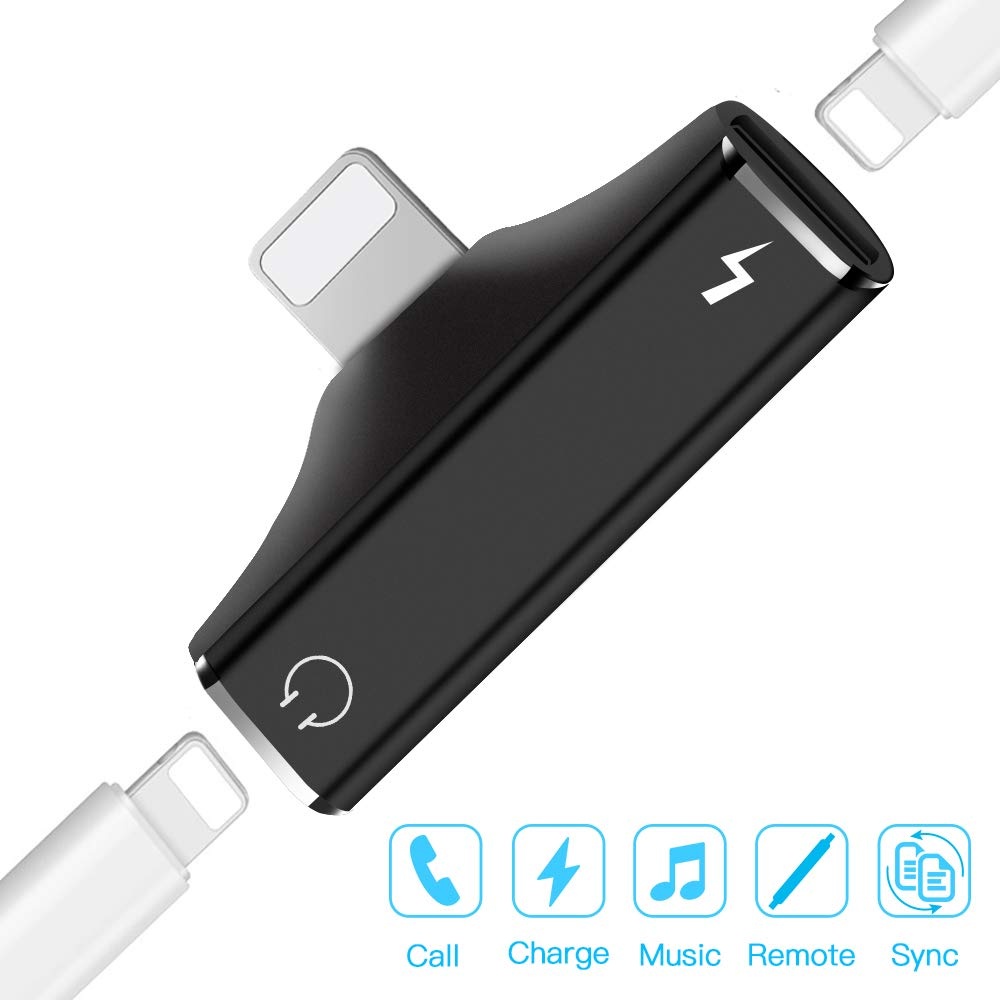 Dual Port Adapter Splitter 2 in 1 Headphone Audio Charge Dongle for iPhone XS, XS Max, XR, X, 8/8 Plus, 7/7 Plus black - Image 3