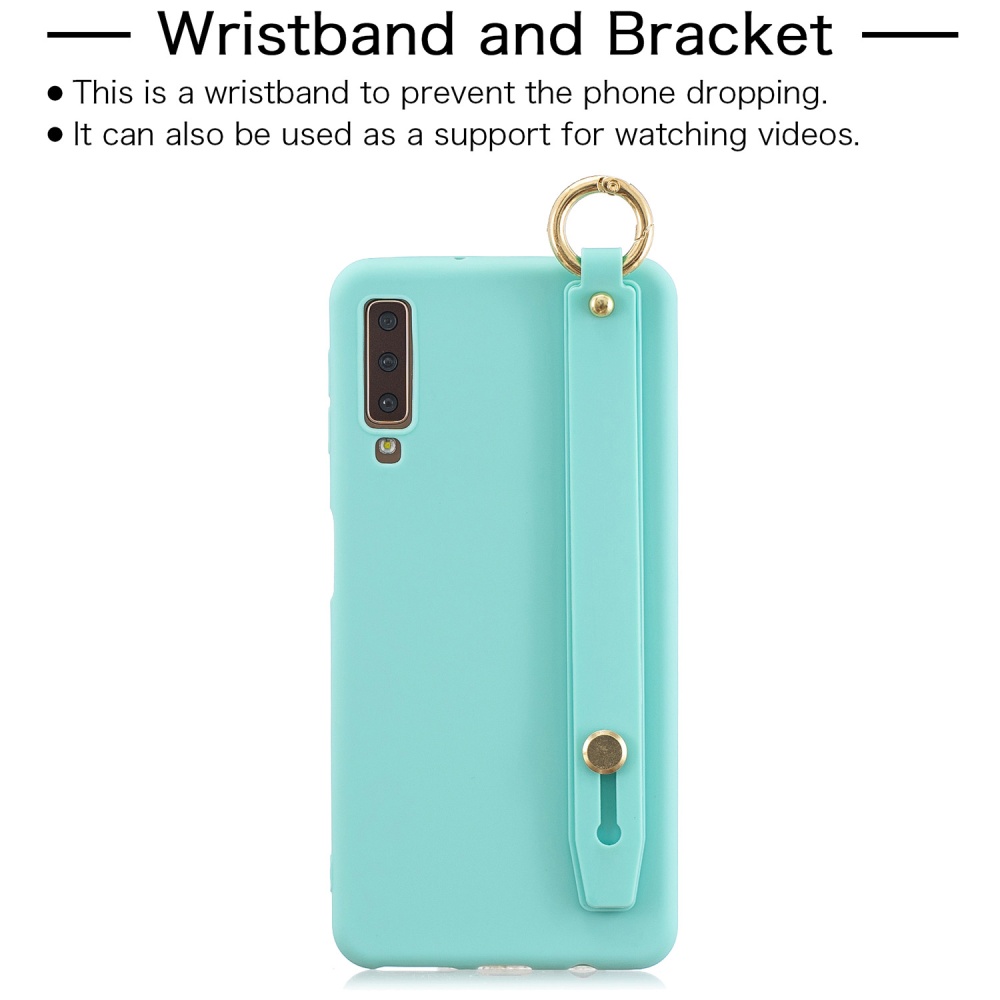 For Samsung A7 2018 Simple Solid Color Chic Wrist Rope Bracket Matte TPU Anti-scratch Non-slip Protective Cover Back Case 8 light blue - Image 3