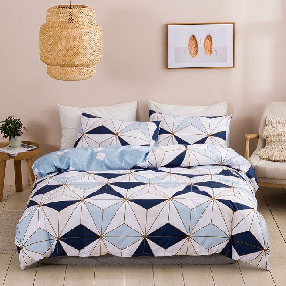 Quilt Cover +Pillowcase with Triangular Plaid Geometric Pattern Protective Bedding - Image 3