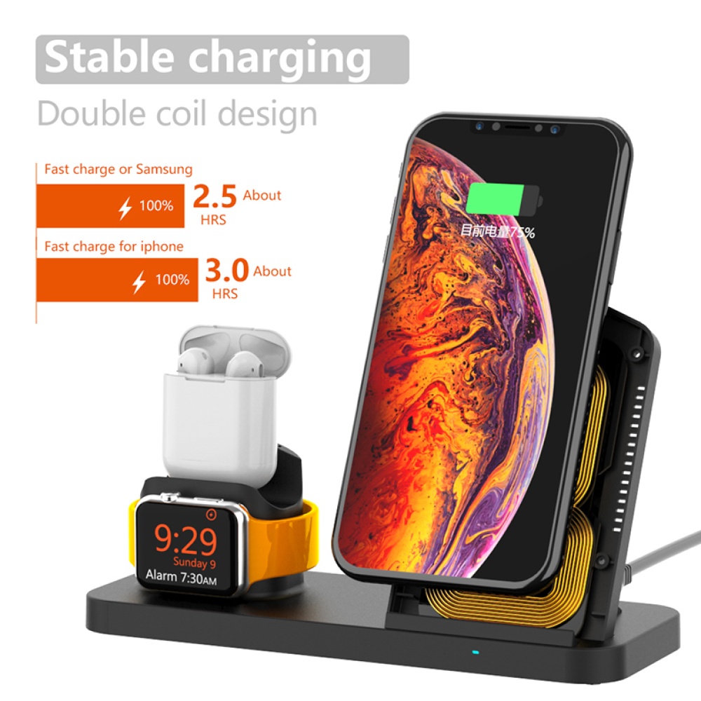 3 in 1 Fast Wireless Charger for iPhone8/8P/X/XS/SR/XS MAX/iWatch1/2/3/4 AirPods Qi Cooling black - Image 3