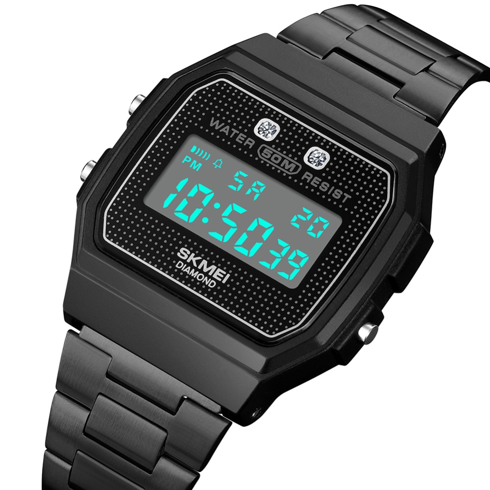 SKMEI Men Led Digital Electronic Watch Fashion Multifunctional Waterproof Boys Wrist as Gifts Black - Steel strap - Image 2