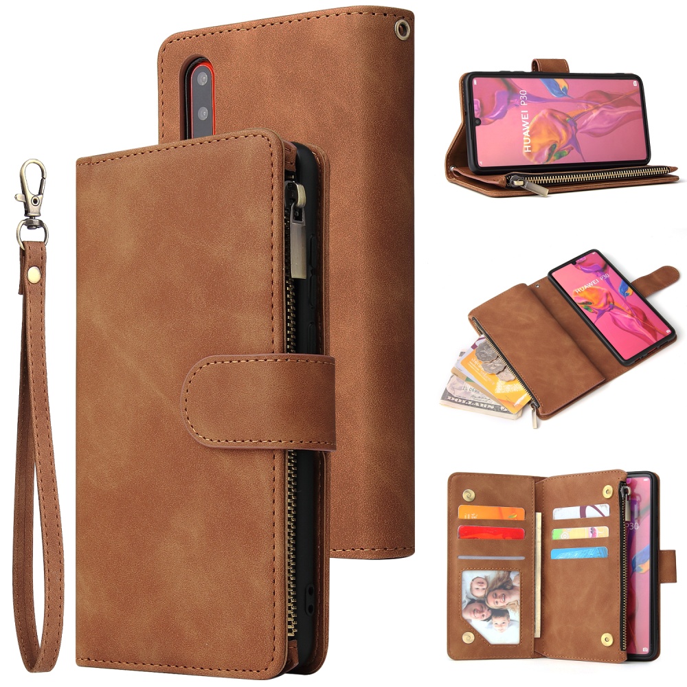 For HUAWEI P30 lite pro Multi-card Bracket Coin Wallet Zipper Mobile Phone PU Leather Case 4 brown - Image 3