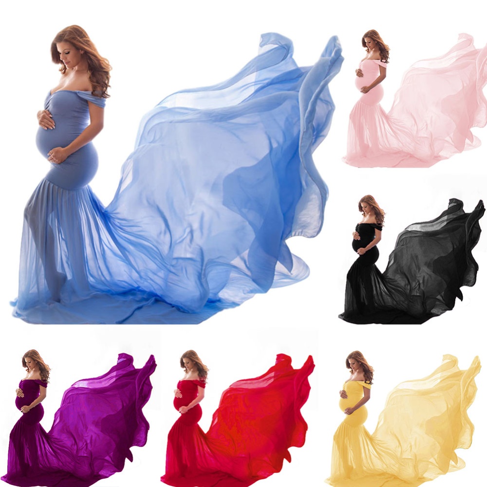 Women's Dress Off-the-shoulder Long Photography Chiffon Color blue_free size - Image 2