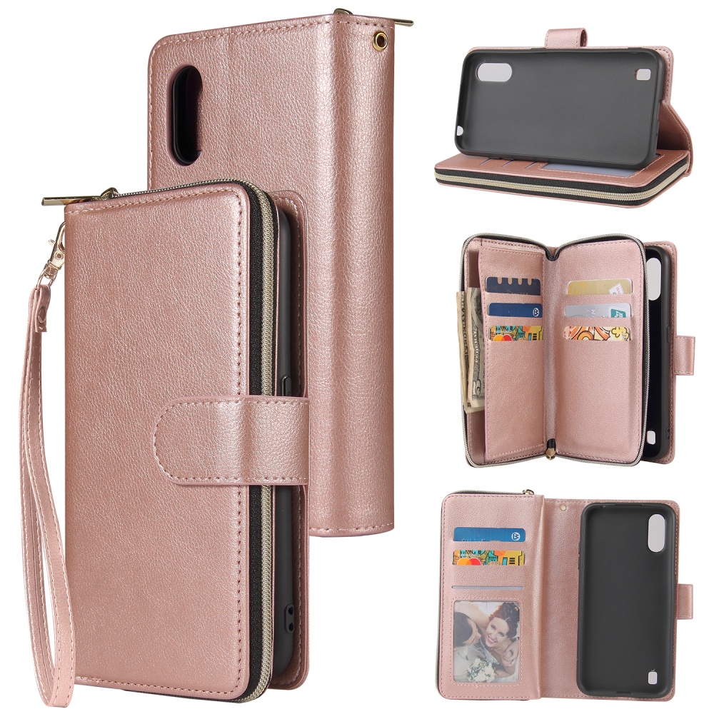 For Samsung A01/A21/A31/A41/A51 Pu Leather Mobile Phone Cover Zipper Card Bag + Wrist Strap Rose gold - Image 3