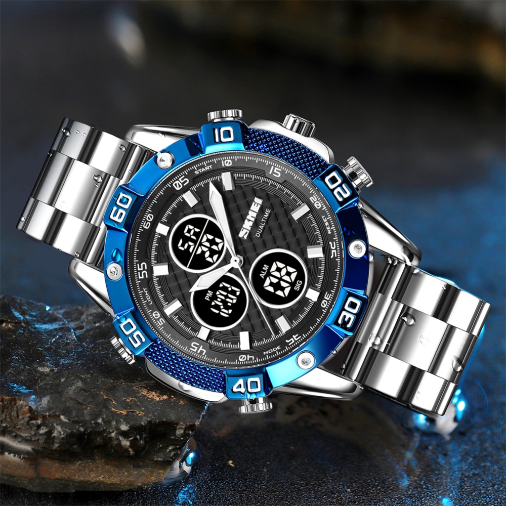 SKMEI Men Watch Dual Display Waterproof LED Wrist Electronic Alloy Dial Business For Blue-Black Circle - Image 2