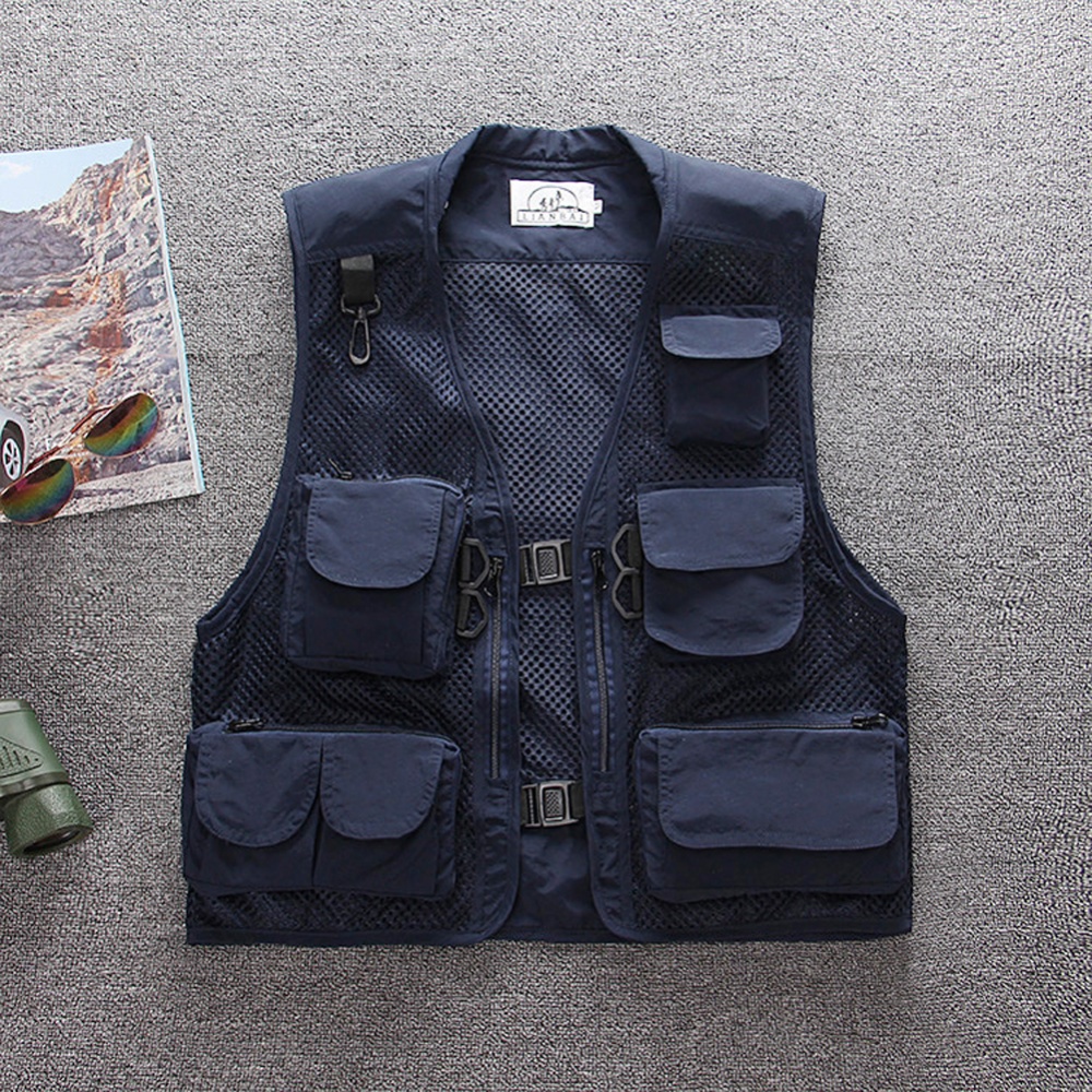 Summer Men Cargo Vest Trendy Stand Collar Waistcoat With Multi-pocket For Outdoor Photography Fishing Hiking navy blue XL - Image 3