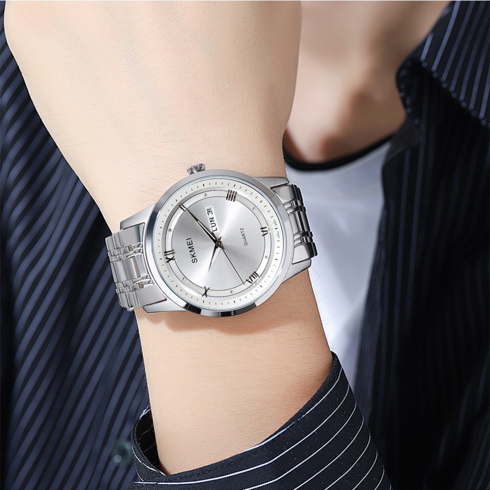 SKMEI Business Men Quartz Watches Fashion Time Week Calendar Display Large Dial Wristwatches silver - Image 3