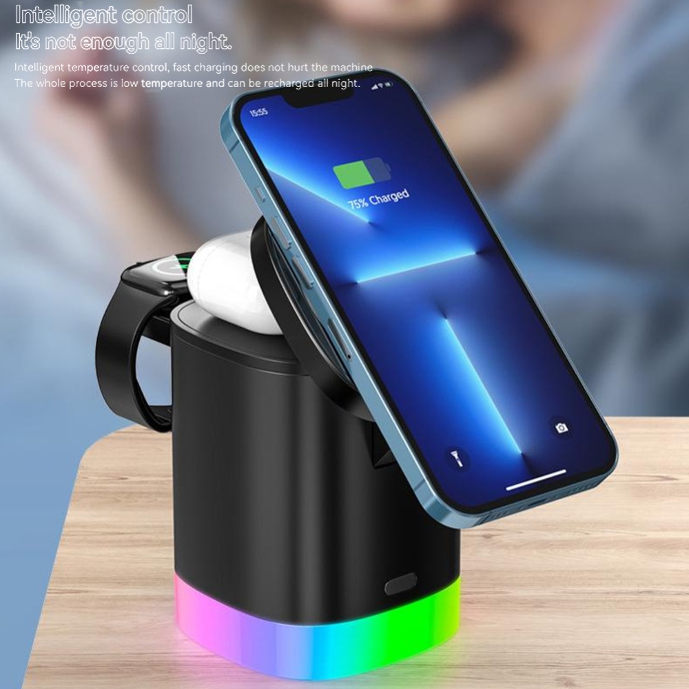 3-in-1 Foldable Wireless Charger Charging Stand with RGB Lighting for iPhone14 Magsafe iWatch Headphone Black - Image 2