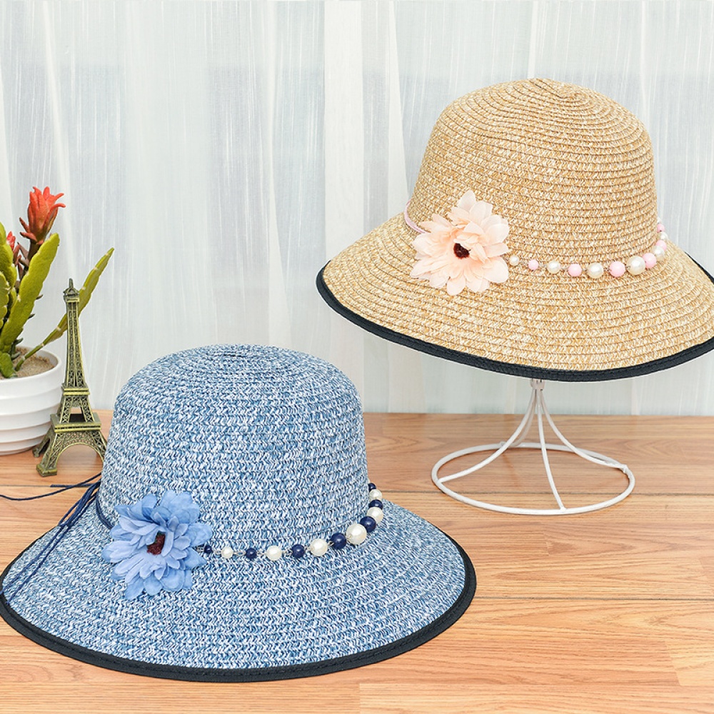 Summer Straw Hat for Women Sun-shade Seaside Ultraviolet-proof Beach Foldable Pearl milk white - Image 2