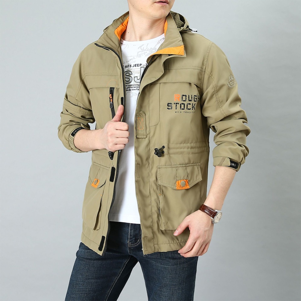 Male Long Sleeves Zippered Sports Wear Casual Hooded Cardigan Outwear Cycling Skiing Khaki_L - Image 3