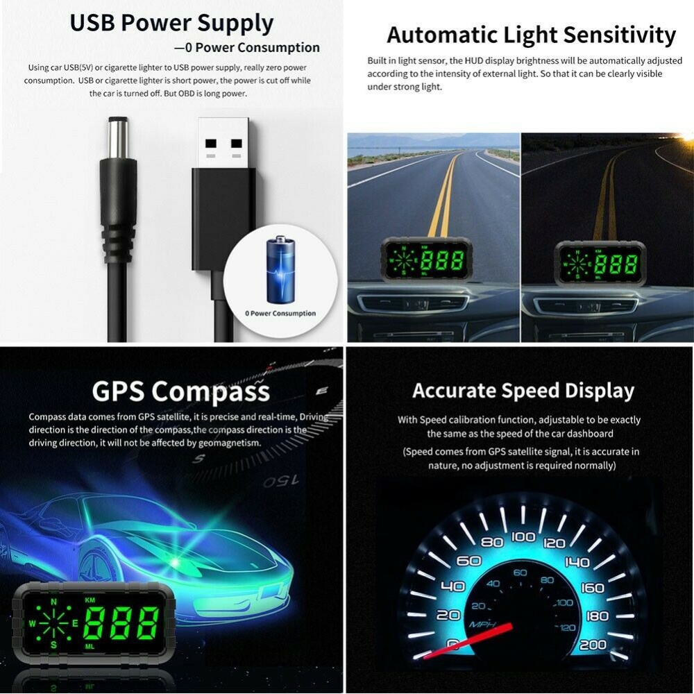 Hud Speed Odometer Mileage Car Head Up Display Compass Gps Speedometer Black - Image 3