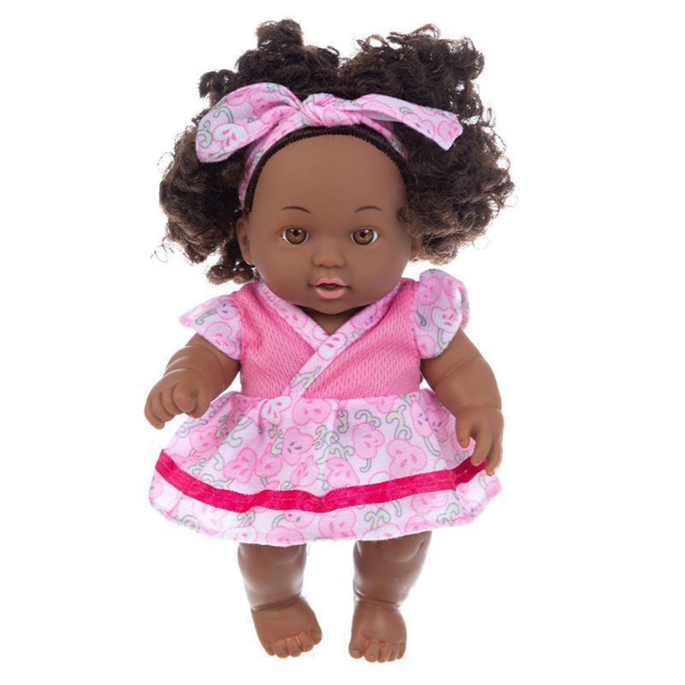 8 Inch Simulation Doll Toy Washable Realistic Soft Vinyl African With Jumpsuit Dress For Birthday Gifts pink embossed dress doll+clothes - Image 3