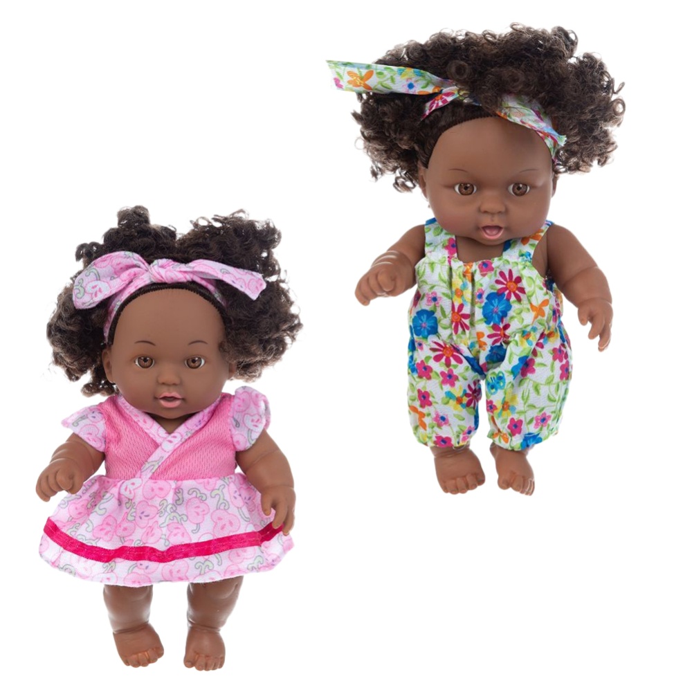 8 Inch Simulation Doll Toy Washable Realistic Soft Vinyl African With Jumpsuit Dress For Birthday Gifts pink embossed dress doll+clothes - Image 2