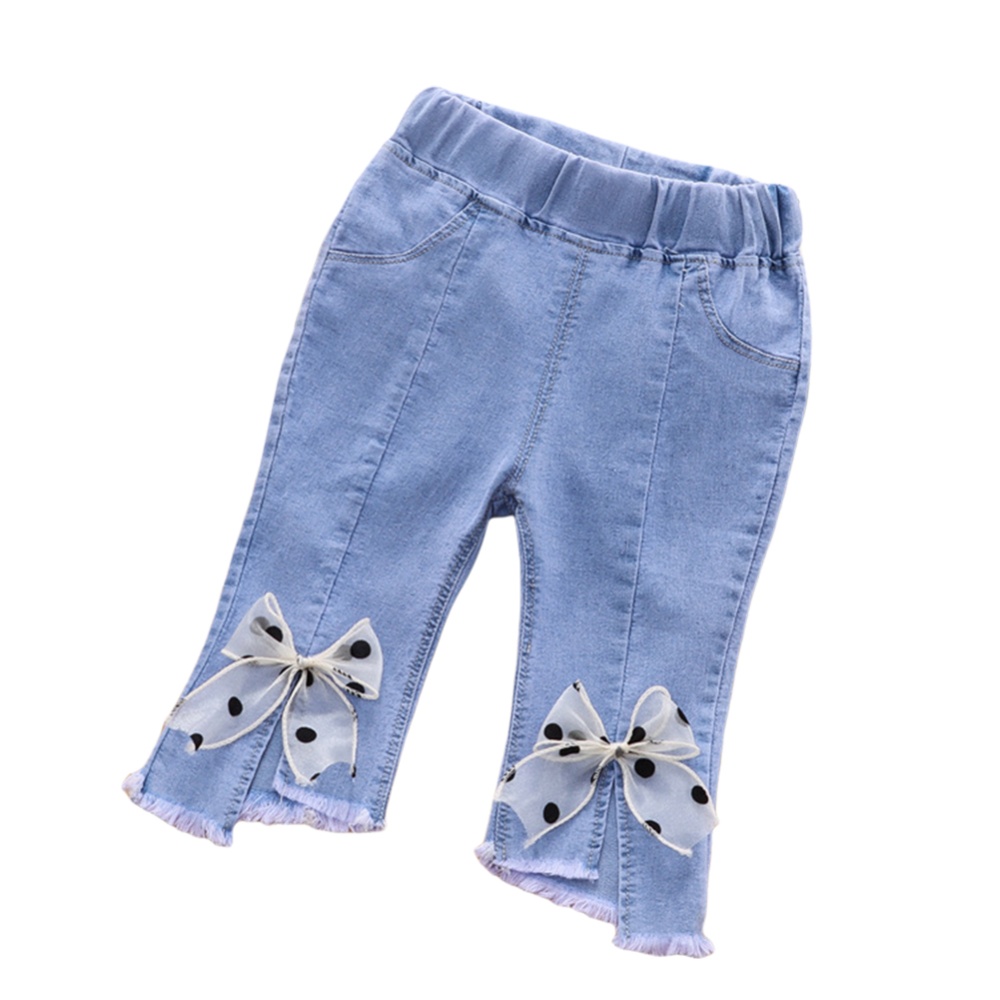 Toddlers Girls Jeans Children Denim Cropped Pants Elastic Belt Summer Outerwear Loose Clothing ribbon 1-2Y 80cm - Image 3