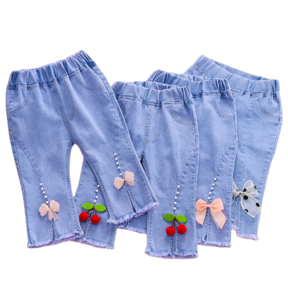 Toddlers Girls Jeans Children Denim Cropped Pants Elastic Belt Summer Outerwear Loose Clothing ribbon 1-2Y 80cm - Image 2