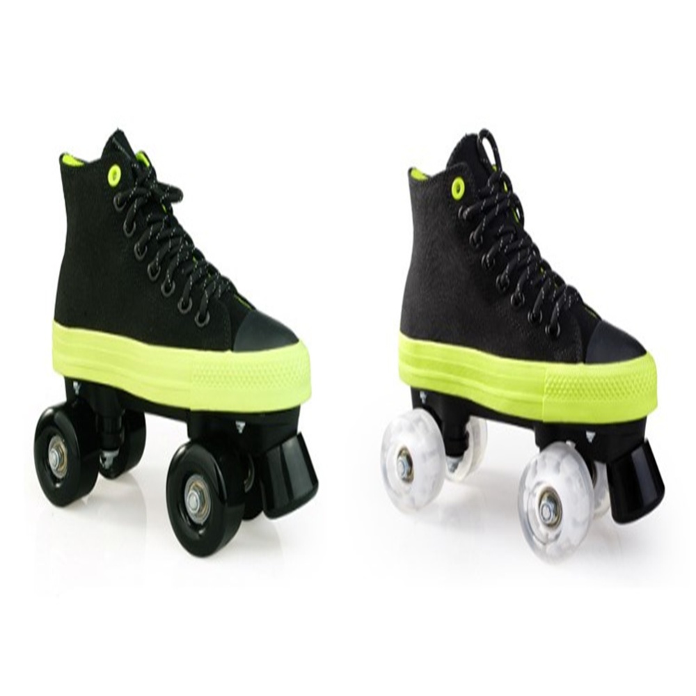 1pair Roller Skates Shoes For Beginner Two Line Canvas Sliding Sneakers With 4 Wheels Black + flashing wheel_38 - Image 2