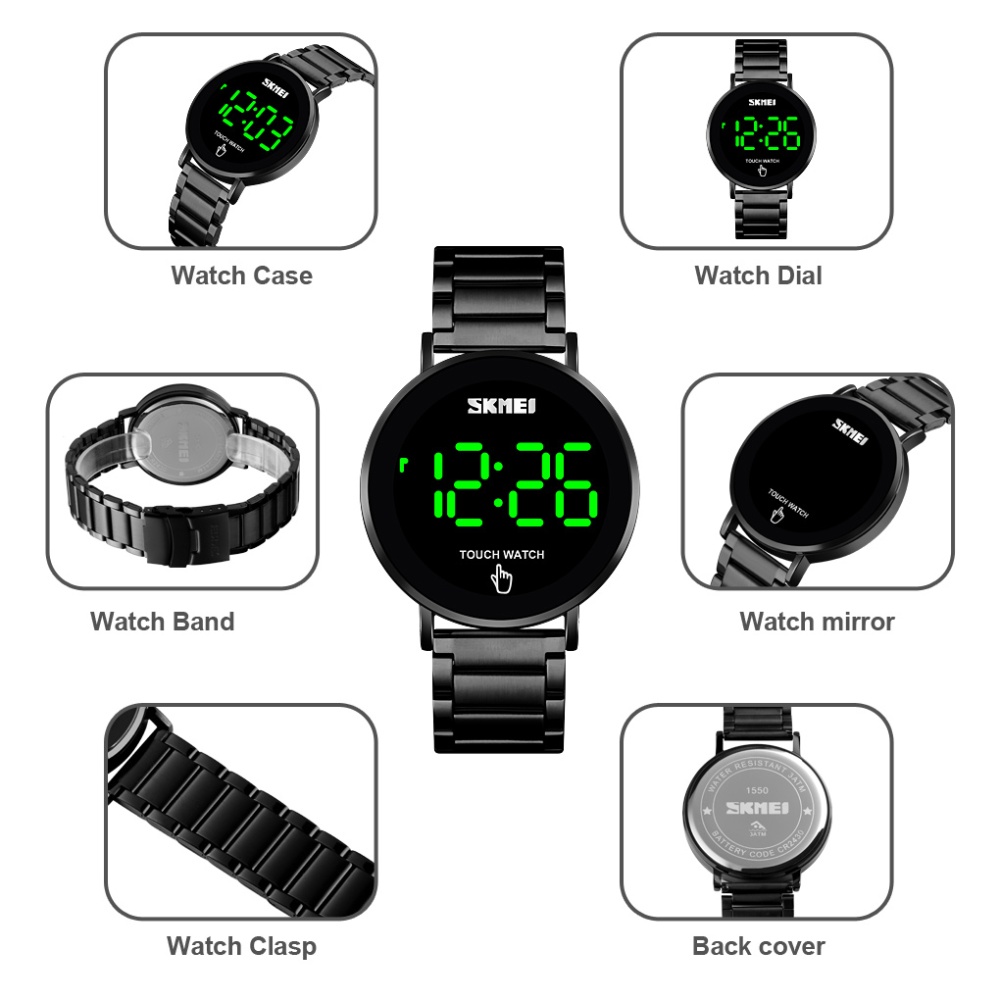 SKMEI Men Digital Sports Watch Led Luminous Touch-screen Waterproof Stainless Steel Band Simple Fashion Electronic Wristwatches golden steel - Image 3