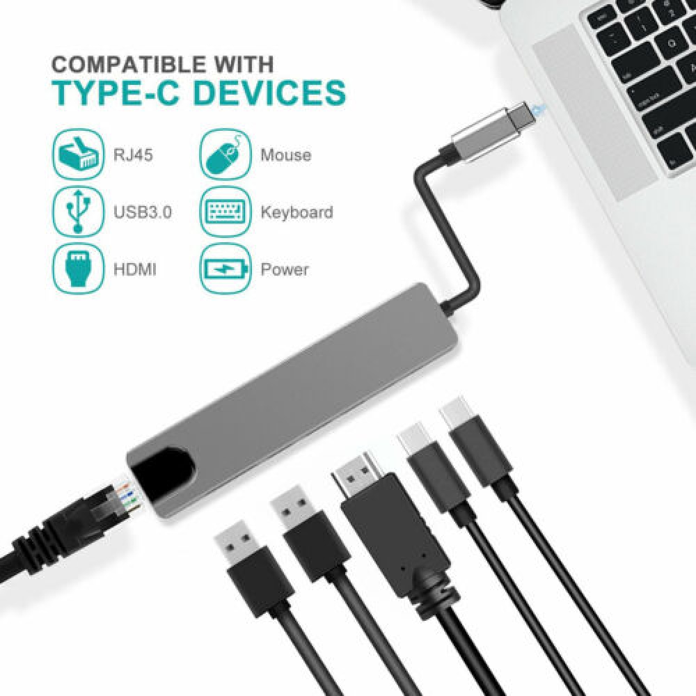 6-in-1 USB-C Hub Multi-port Adapter USB Type C Dock with 4K HDMI RJ45 Ethernet Lan Charge As shown - Image 3