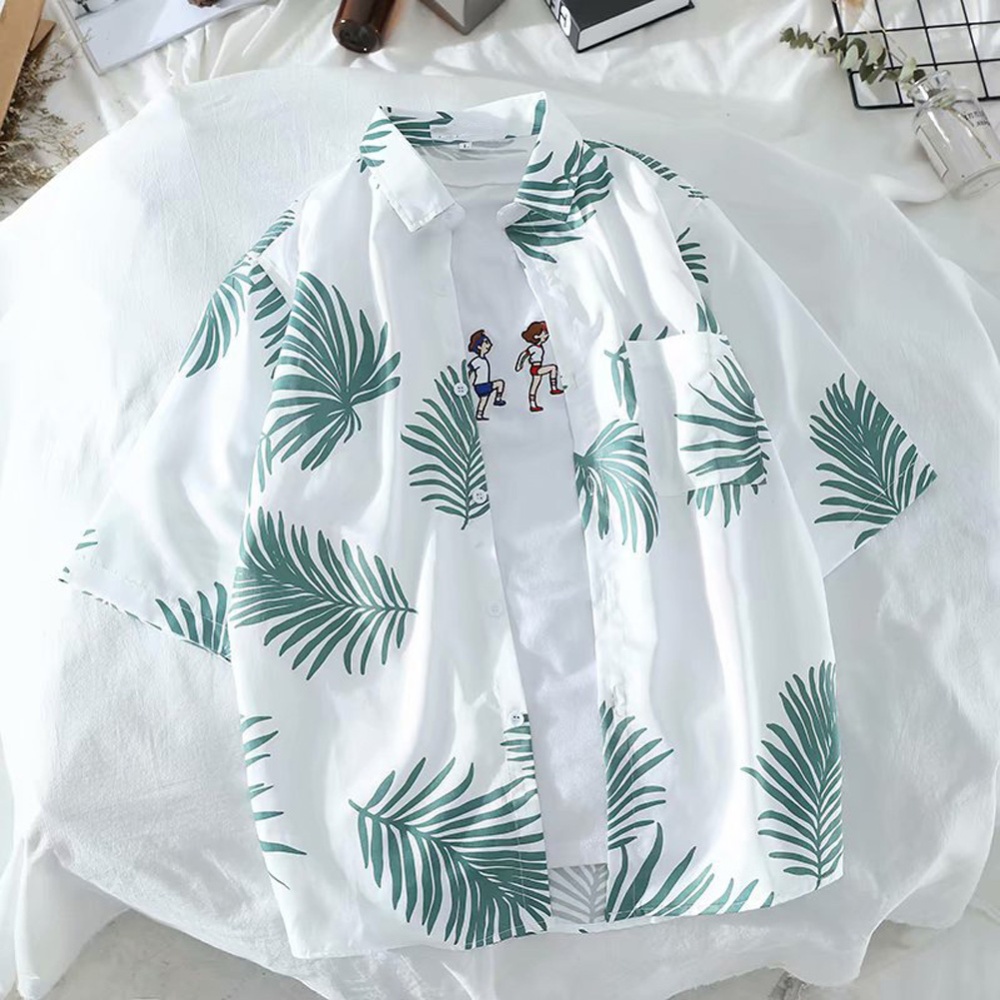 Women Short Sleeves T-shirt Summer Hawaiian Printing Beach Shirt Men Loose Casual Sunscreen Tops green M - Image 3