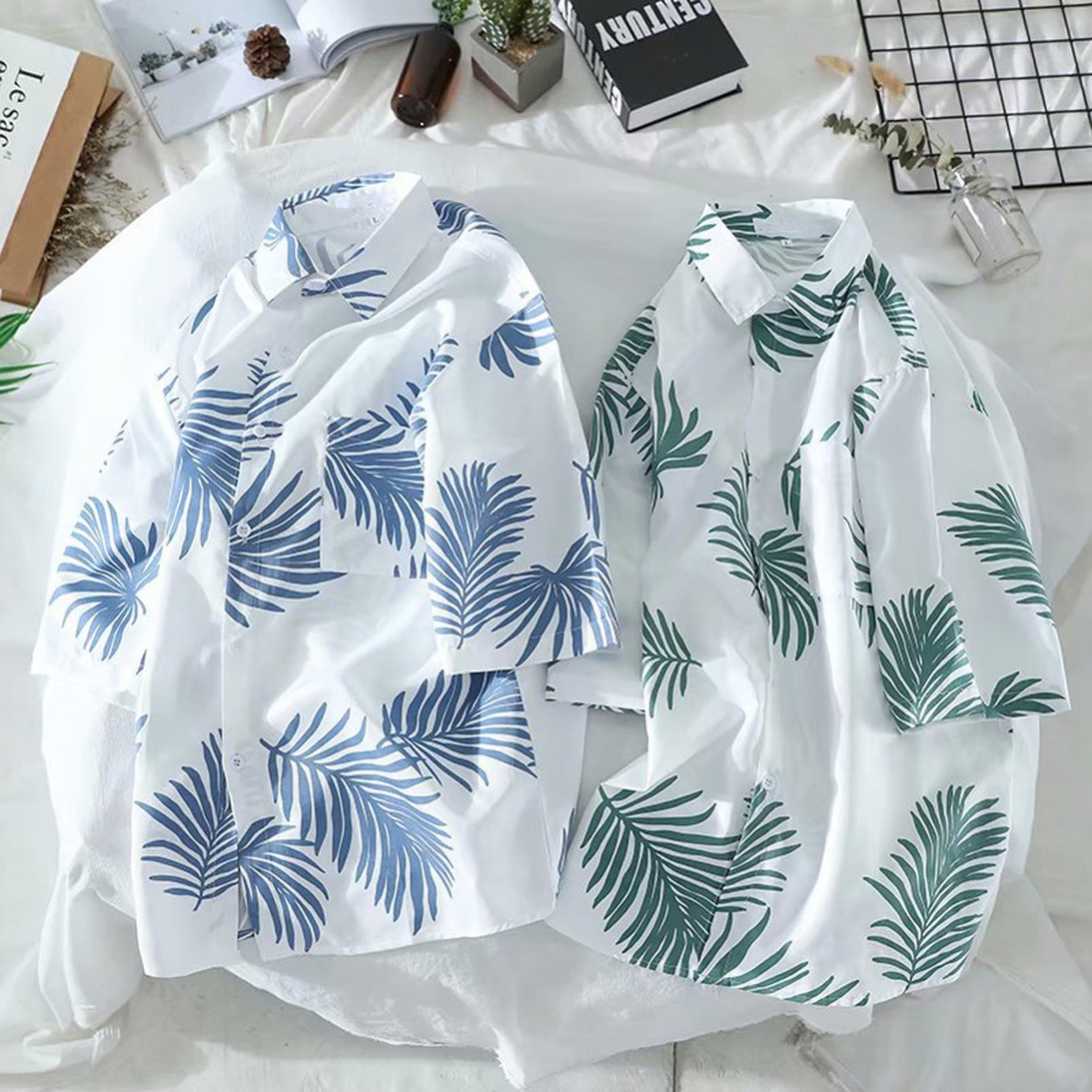 Women Short Sleeves T-shirt Summer Hawaiian Printing Beach Shirt Men Loose Casual Sunscreen Tops green M - Image 2