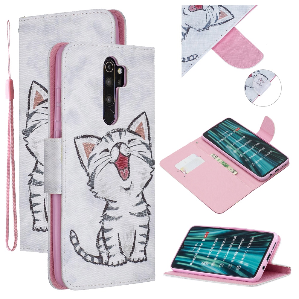 For Redmi Note 8/8 Pro Cellphone Cover Stand Function Wallet Design PU Leather Smartphone Shell Elegant Pattern Printed Red lip cat - Image 3